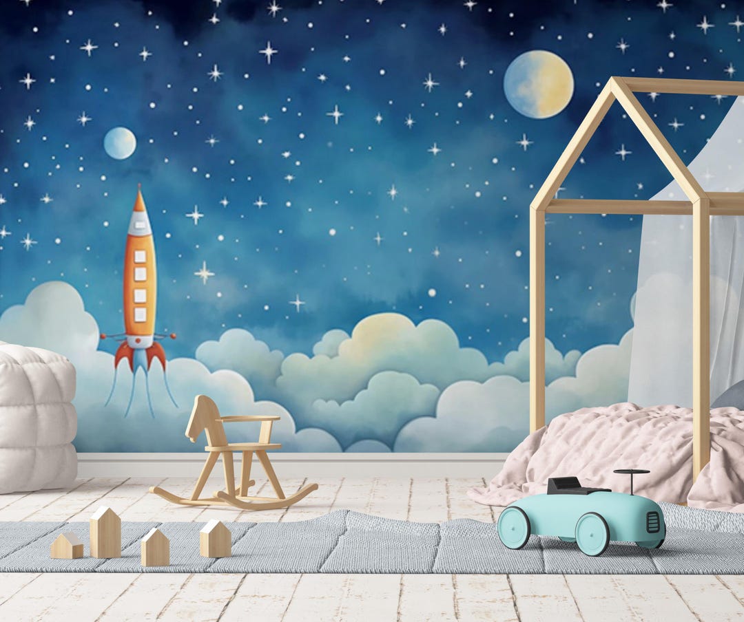 Space Theme Child Room Wallpaper, Planet and Stars Fantastic Nursery ...