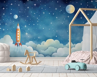 Space Theme Child Room Wallpaper, Planet and Stars Fantastic Nursery Wall Mural, Baby Room Cartoon Colorful Wallpaper with Rocket Figure