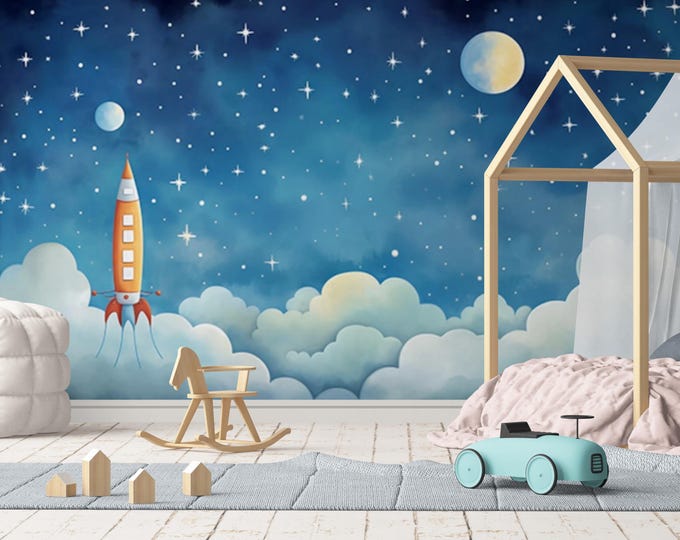 Space Theme Child Room Wallpaper, Planet and Stars Fantastic Nursery Wall Mural, Baby Room Cartoon Colorful Wallpaper with Rocket Figure