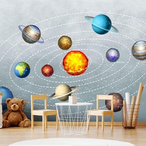 Colorful Solar System Child Room Wallpaper, Planets Nursery Wall Mural, Boy Room Educational Cartoon Space Theme Peel And Stick Wall Decal