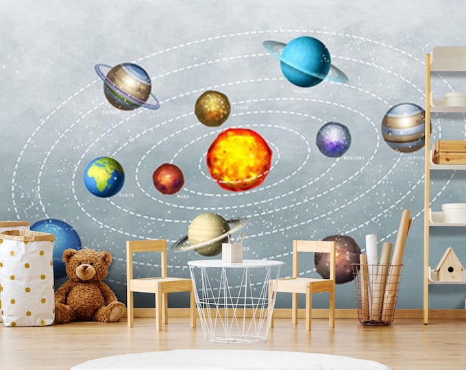 Colorful Solar System Child Room Wallpaper, Planets Nursery Wall Mural, Boy Room Educational Cartoon Space Theme Peel And Stick Wall Decal
