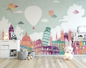 Air Balloons And Cities Child Room Wallpaper  Pink Nursery Wall Mural  Girl Child and Baby Baby Room Decoration (CR72)