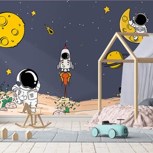 Cartoon Space Theme Wallpaper – Astronaut Rocket Wall Mural for Kids Room, Outer Space Galaxy Theme, Fun Moon & Planet Nursery Decor
