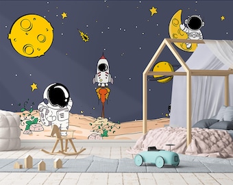 Cartoon Space Theme Wallpaper – Astronaut Rocket Wall Mural for Kids Room, Outer Space Galaxy Theme, Fun Moon & Planet Nursery Decor