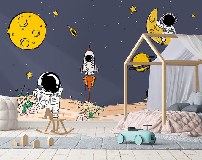 Cartoon Space Theme Wallpaper – Astronaut Rocket Wall Mural for Kids Room, Outer Space Galaxy Theme, Fun Moon & Planet Nursery Decor