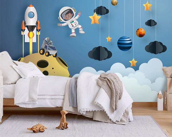 Space Theme Child Room Wallpaper, Astronaut and Planets Nursery Wall Mural, Boy Room Cartoon Colorful Wallpaper with Rocket Figure