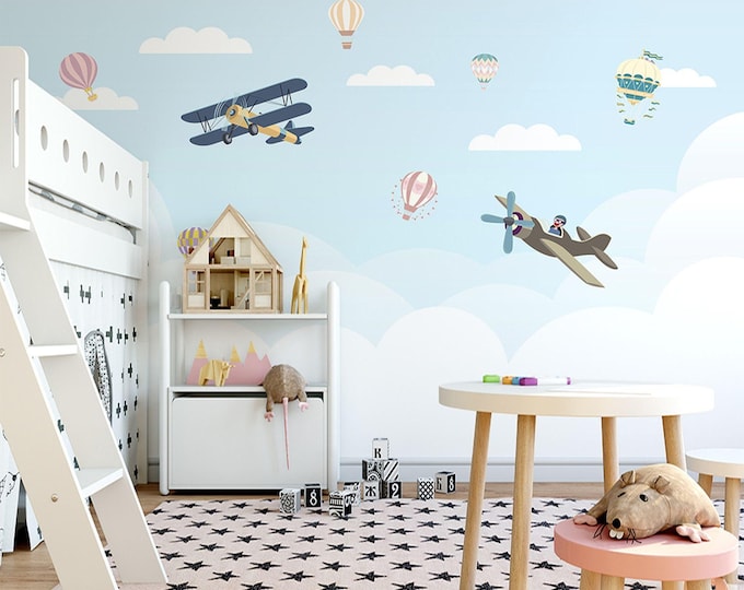 Plane and Air Balloon Child Room Wallpaper Large Kids Room Wall Mural (CR54)