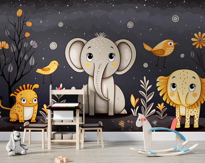 Child Room Elephants Wallpaper Wall Mural, Animals Kids Room Mural, Colorful Nursery Peel and Stick, Elephant and Bird Design