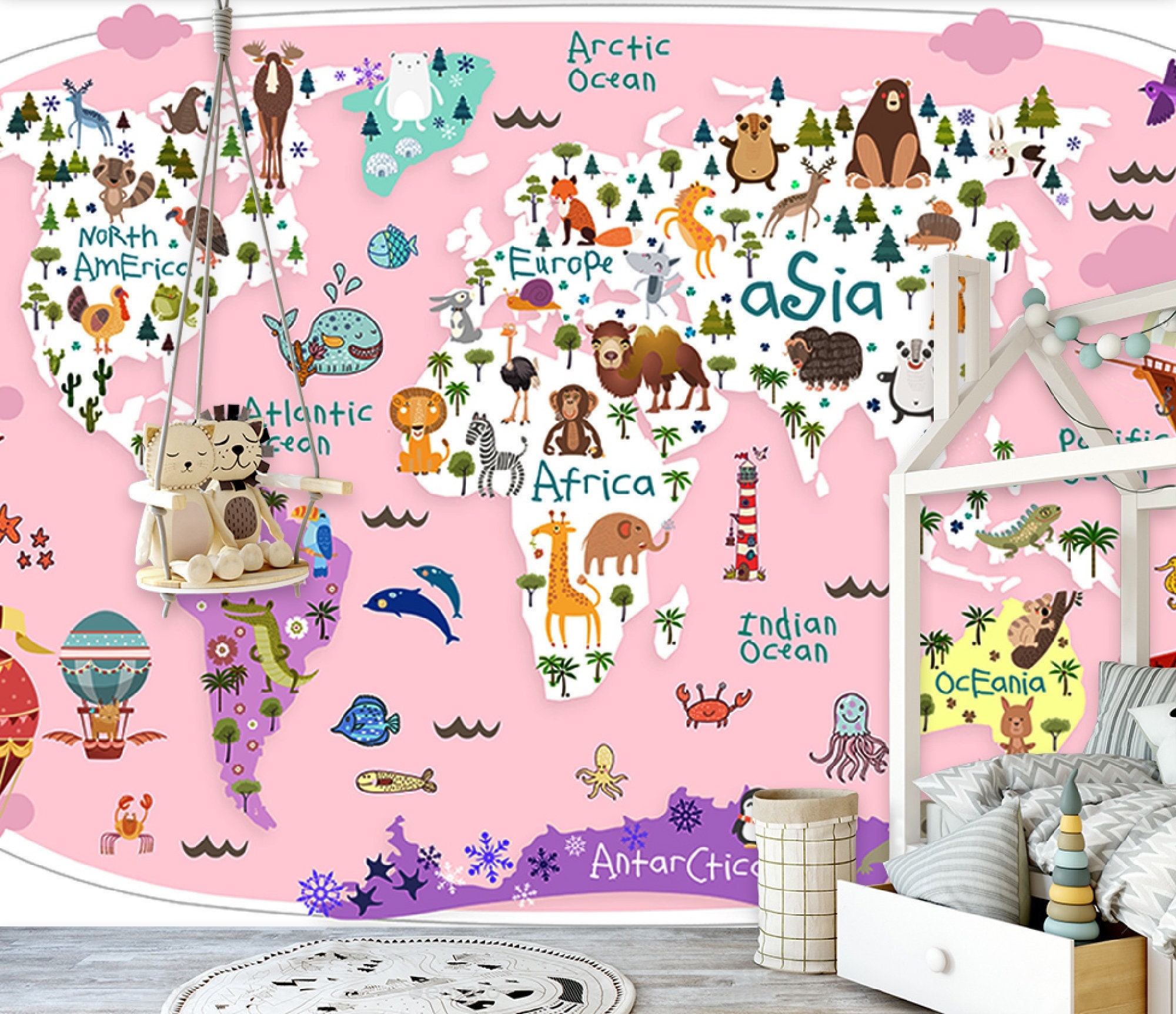 World Map Child Room Wallpaper Pink Nursery Wall Mural Girl Child and