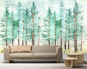Watercolor Pine Forest Wallpaper – Removable Peel and Stick Mural, Hand-Painted Trees, Sage Green Woodland Wall Decor