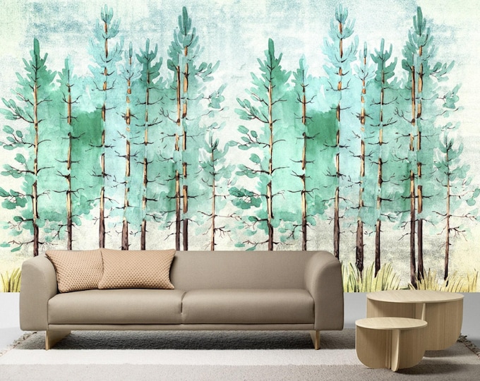 Watercolor Pine Forest Wallpaper – Removable Peel and Stick Mural, Hand-Painted Trees, Sage Green Woodland Wall Decor