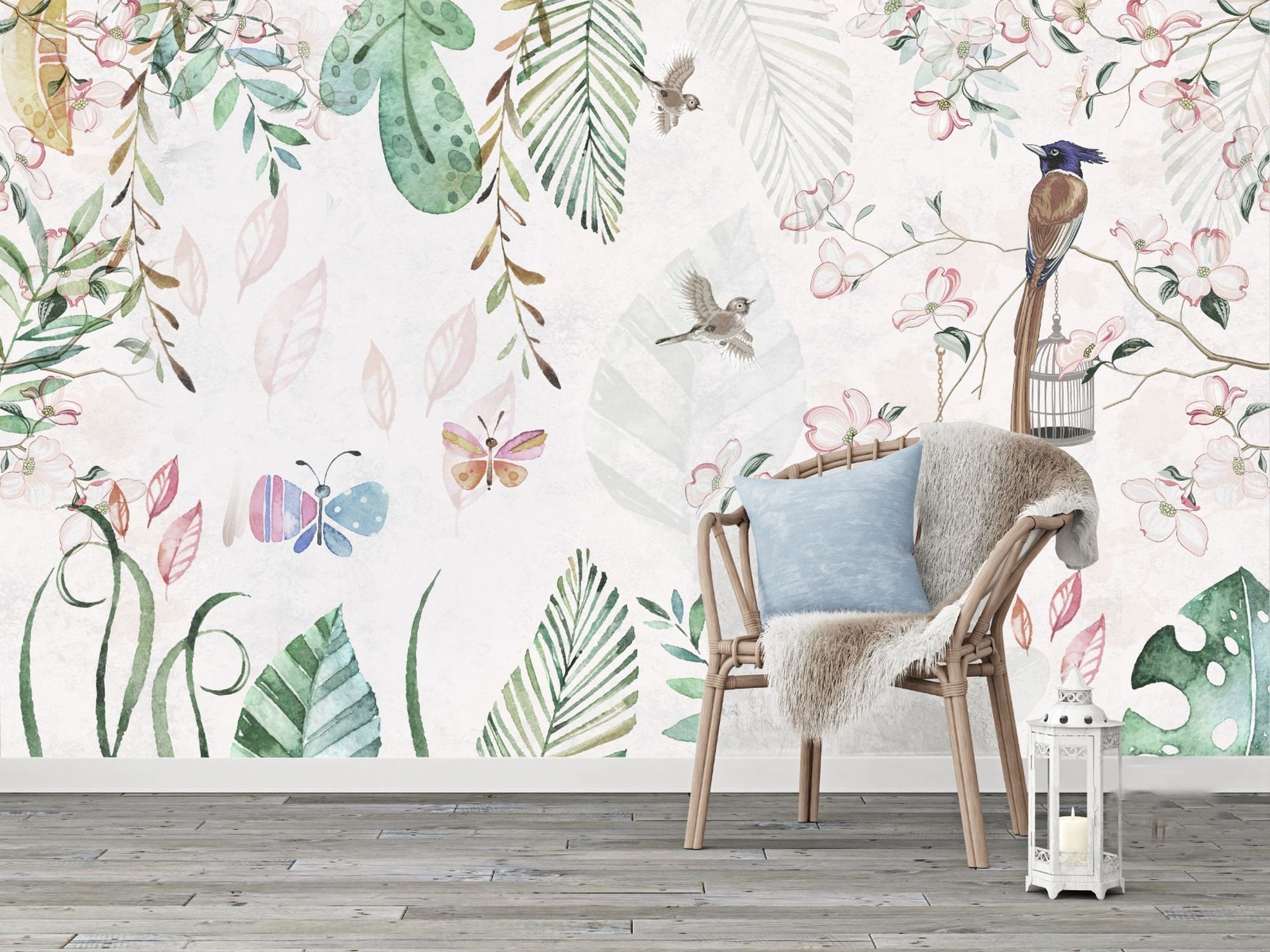  LUOWAN Mural de pared para habitación infantil, diseño de hojas  verdes y mariposas frescas, papel pintado autoadhesivo extraíble,  decoración de pared para dormitorio, sala de estar : Bebés