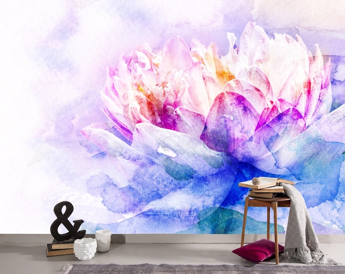 Watercolor Lotus Flower Wall Mural – Pink Purple Blue Artistic Bloom – Serene Floral Peel and Stick Wallpaper – Bedroom Living Room Decor