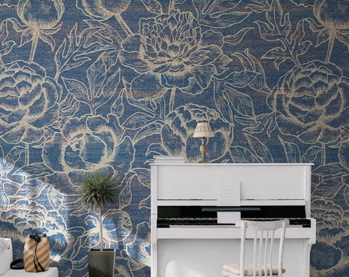 Floral Wallpaper Mural, Big Flowers Wall Mural, Botanical Wallpaper, Peel and Stick or Traditional Blue Wallpaper, Removable Wallpaper
