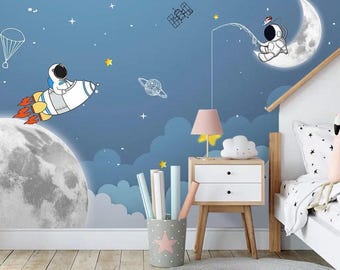 Space Theme Child Room Wallpaper, Astronaut and Rocket in Space Wall Mural, Astronaut on the Moon Cartoon Wallpaper, Peel and Stick Decal