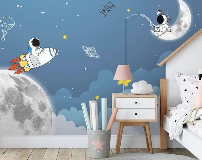 Space Theme Child Room Wallpaper, Astronaut and Rocket in Space Wall Mural, Astronaut on the Moon Cartoon Wallpaper, Peel and Stick Decal