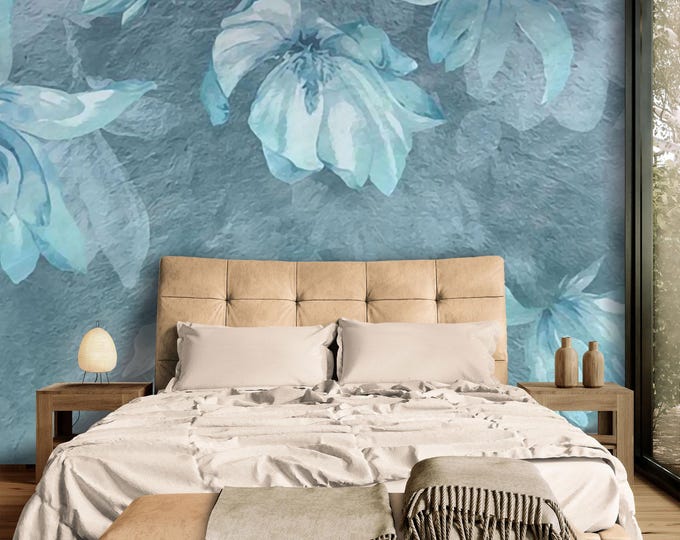 Blue Mural Wallpaper Watercolor Floral, Soft Botanical Wallpaper for Bathroom, Bedroom, Living Room, Removable Peel and Stick Wall Decor