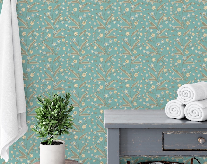 Vintage Green Floral Wallpaper, Delicate Leafy Vine Wall Mural, Removable Peel and Stick Botanical Design, Soft Nature-Inspired Accent Wall