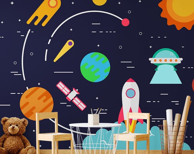 Outer Space Theme Wallpaper Mural – Colorful Rocket, Planet UFO Wall Art – Fun Peel and Stick Galaxy Decor for Playroom, Nursery, Kids Room