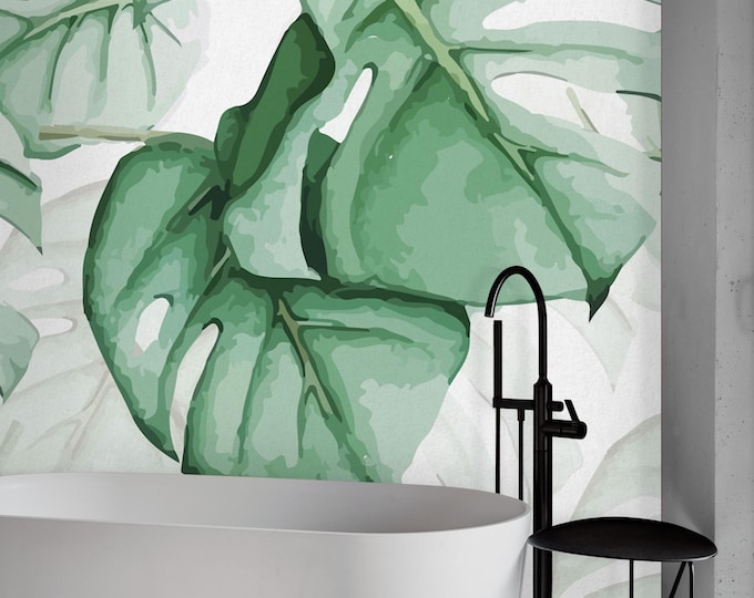 Watercolor Monstera Leaf Wallpaper Mural – Soft Green Tropical Jungle Design on White – Modern Botanical Wall Art Décor Gift for Home