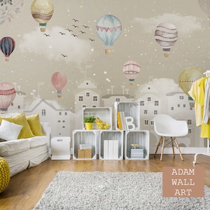 Air Balloons And Cities Child Room Wallpaper  Pink Nursery Wall Mural  Girl Child and Baby Baby Room Decoration (CR71)