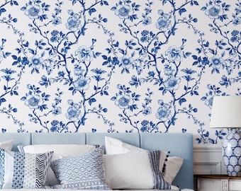 Classic Blue and White Chinoiserie Wallpaper, Elegant Toile Floral Wall Mural, Grandmillennial Bedroom Accent, Removable Peel & Stick
