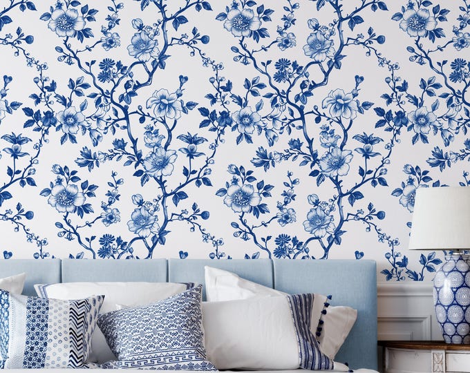 Classic Blue and White Chinoiserie Wallpaper, Elegant Toile Floral Wall Mural, Grandmillennial Bedroom Accent, Removable Peel & Stick
