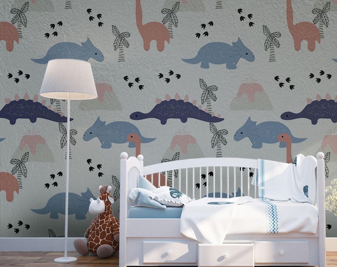 Dinosaur Wallpaper Mural for Kids Room – Cute Jurassic Wall Art with Volcanoes & Trees – Playful Peel and Stick Dino Nursery Decor