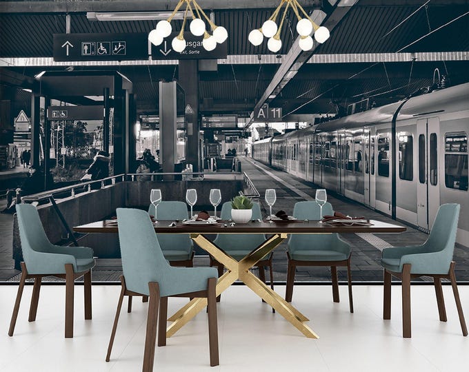 Urban Train Station Mural Wallpaper – Black and White Subway Platform Scene – Modern Peel and Stick  Wall Decor for Home