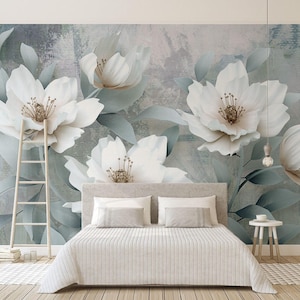Papel pintado floral de flores blancas, mural de pared de flores, papel pintado extraíble, decoración moderna para el hogar (FL67)