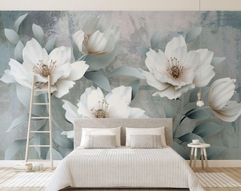 White Flowers Floral Wallpaper, Flower Wall Mural, Removable Wallpaper Modern Home Decoration (FL67)