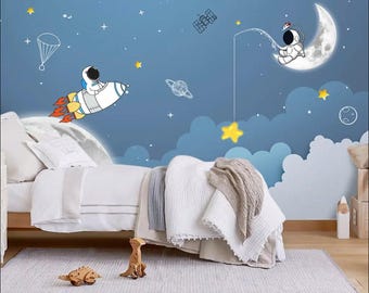 Space Theme Child Room Wallpaper, Astronaut and Rocket in Space Wall Mural, Astronaut on the Moon Cartoon Wallpaper, Peel and Stick Decal