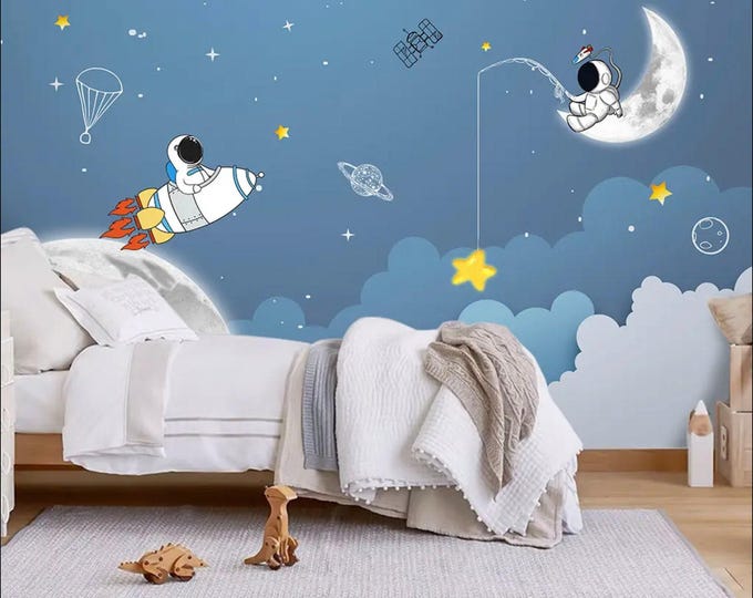 Space Theme Child Room Wallpaper, Astronaut and Rocket in Space Wall Mural, Astronaut on the Moon Cartoon Wallpaper, Peel and Stick Decal