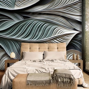 3D Effect Leaf Wall Mural, Luxury Metallic Botanical Wallpaper, Modern Abstract Nature Art for Spa, Office, Bedroom or Accent Wall Decor