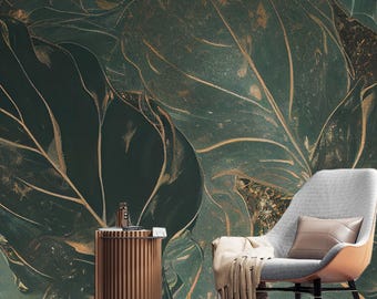 Green Floral Wallpaper Mural, Flower Wall Mural, Gold Botanical Wallpaper, Peel and Stick, Removable Tropical Wallpaper, Gift For Home