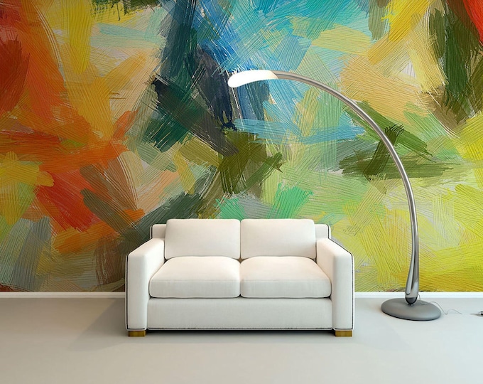 Multi Color Abstract Wallpaper Brush Strokes Wall Mural  Fabric Textile Wallpaper, High Quality, For Living Room, Bedroom, Cafe (AB27)