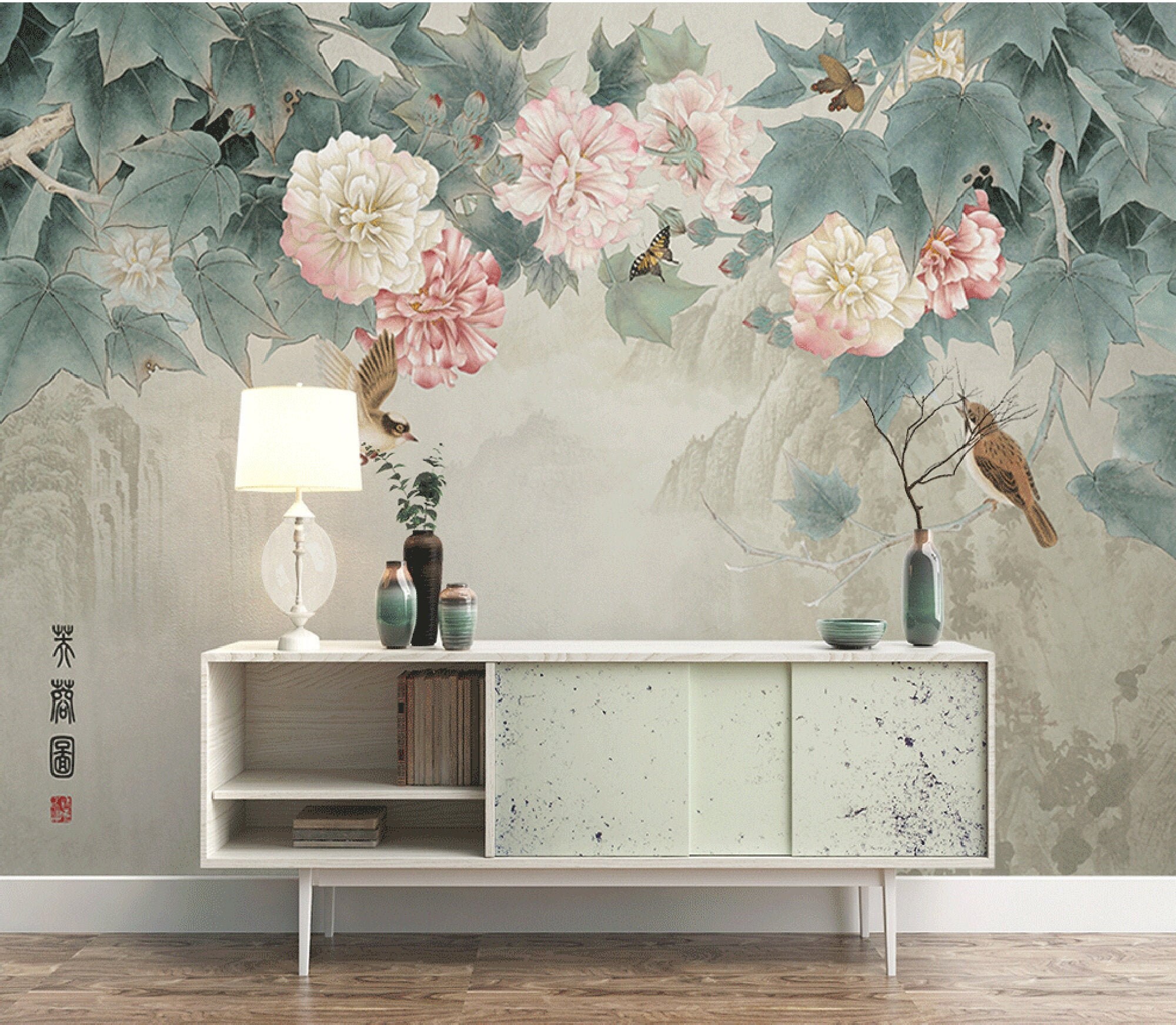 Hibiscus Flower and Bird Wallpaper Floral Wall Mural Modern | Etsy