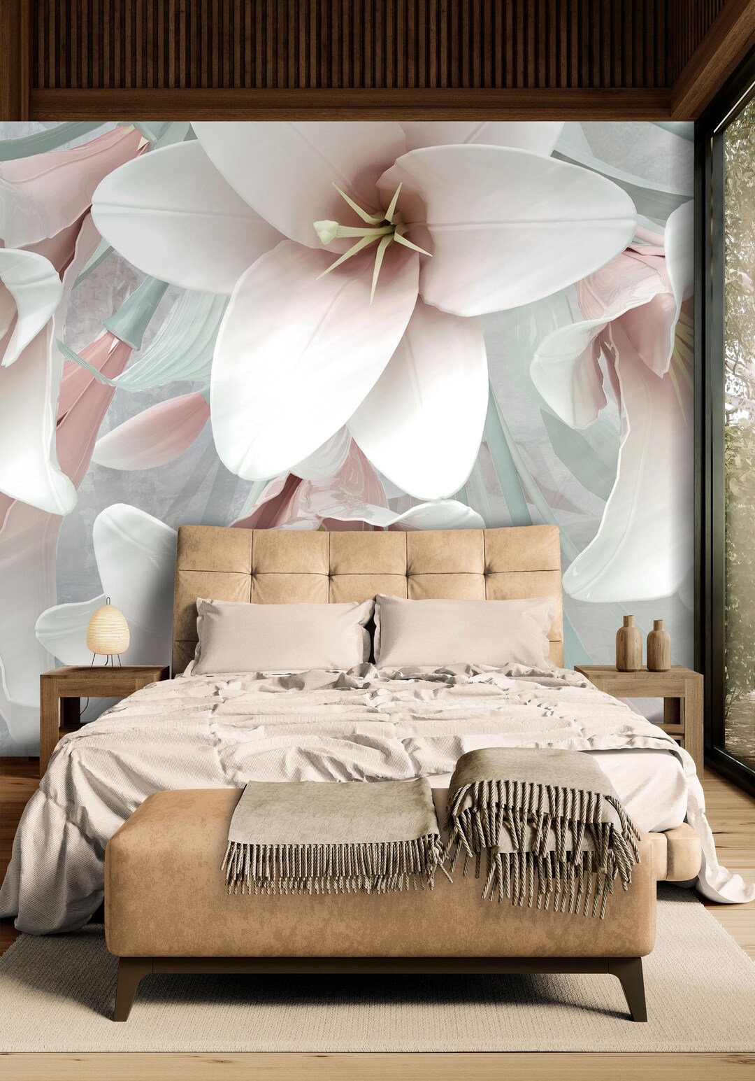 White Lily Wall Mural – Elegant 3D Floral Wallpaper for Living Room ...