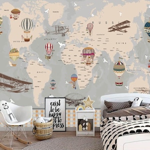 Carta da parati per cameretta, murale con mappa del mondo per bambini, carta da parati rimovibile, tessuto, decorazione moderna per la casa (CR31) immagine 1