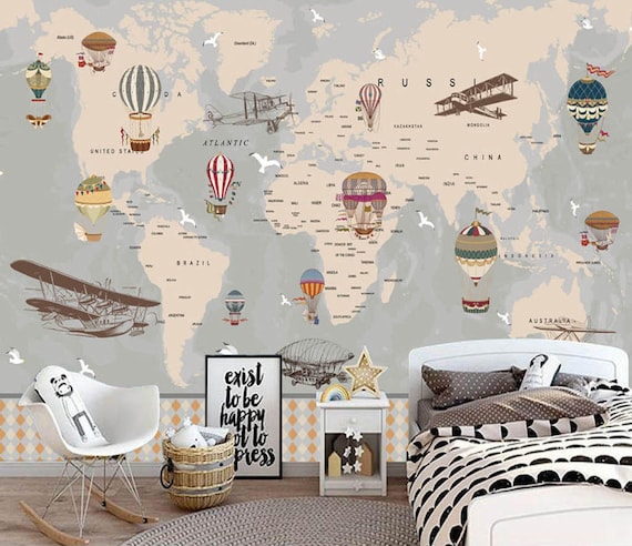 Baby Room Wallpaper, Kids World Map Wall Mural, Removable Wallpaper, Fabric Textile, Modern Home Decoration (CR31)