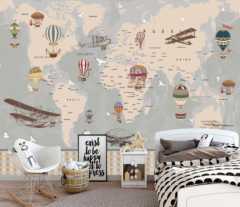Carta da parati per cameretta, murale con mappa del mondo per bambini, carta da parati rimovibile, tessuto, decorazione moderna per la casa (CR31) immagine 1