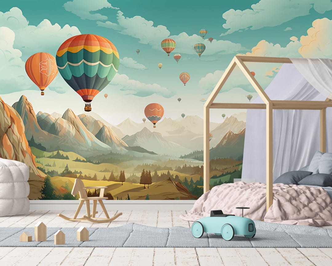 Hot Air Balloon Mural Wallpaper – Scenic Mountain View With Colorful ...