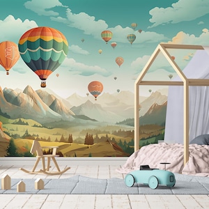 Hot Air Balloon Mural Wallpaper – Scenic Mountain View with Colorful Sky Balloons – Peel and Stick  Kids Room Wall Decor