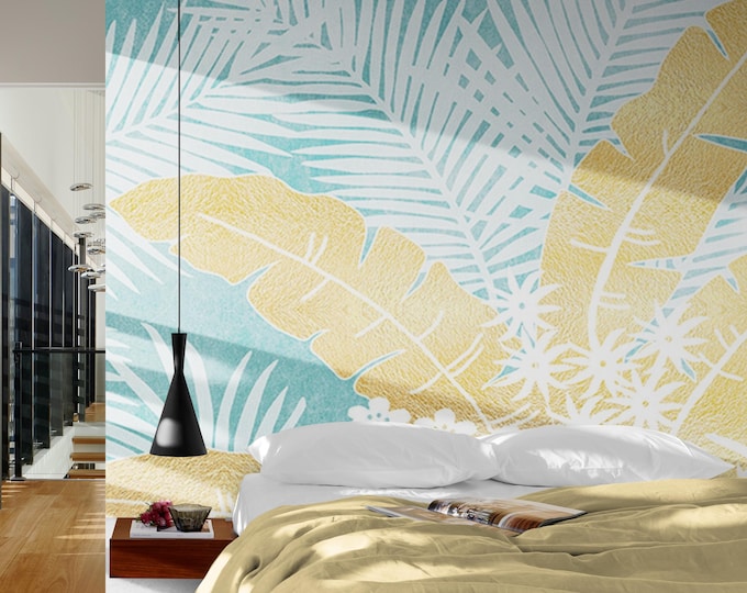 Floral Wallpaper Mural, Flower Wall Mural, Botanical Wallpaper , Peel and Stick or Traditional Green Wallpaper, Removable Tropical Wallpaper