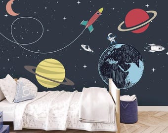 Space Child Room Wallpaper, Astronaut and Rocket in Space Wall Mural, Modern Home Decoration (CR33)