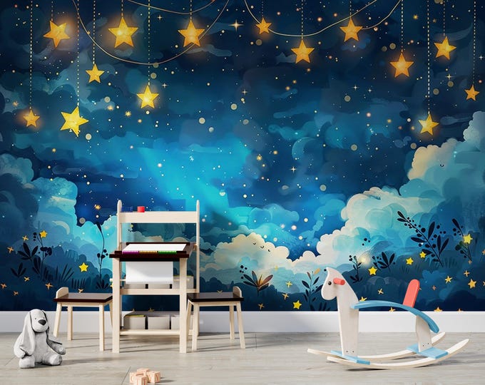 Stars Children's Room Wallpaper Wall Mural, Stars at Midnight Blue Kids Room Wallpaper, Blue Nursery Peel and Stick or Traditional Wallpaper