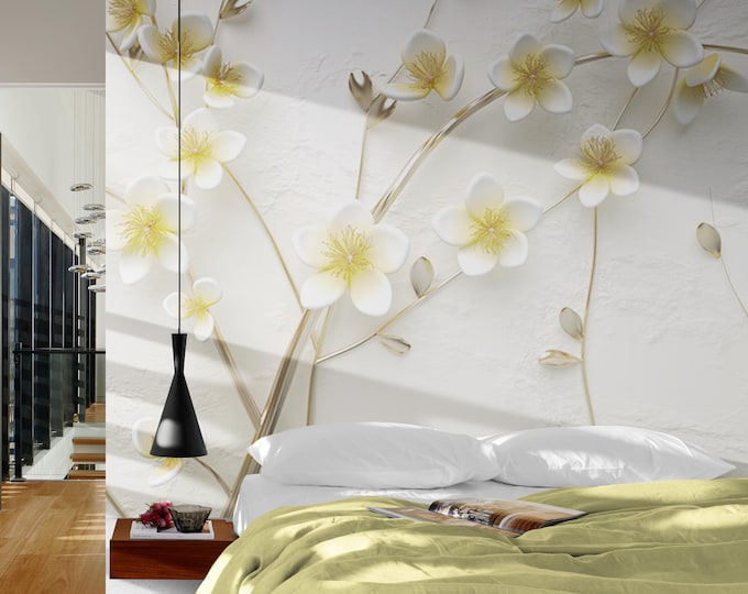 White Flowers Floral Wallpaper Mural , Flower Wall Mural, Peel and Stick or Traditional Green Wallpaper, Removable Peel and Stick Wallpaper