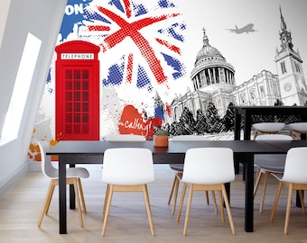 Custom Size London Pop Art Wall Mural, Union Jack Red Phone Booth Wallpaper Removable Peel and Stick Design for Modern Kids  Teen Room Décor