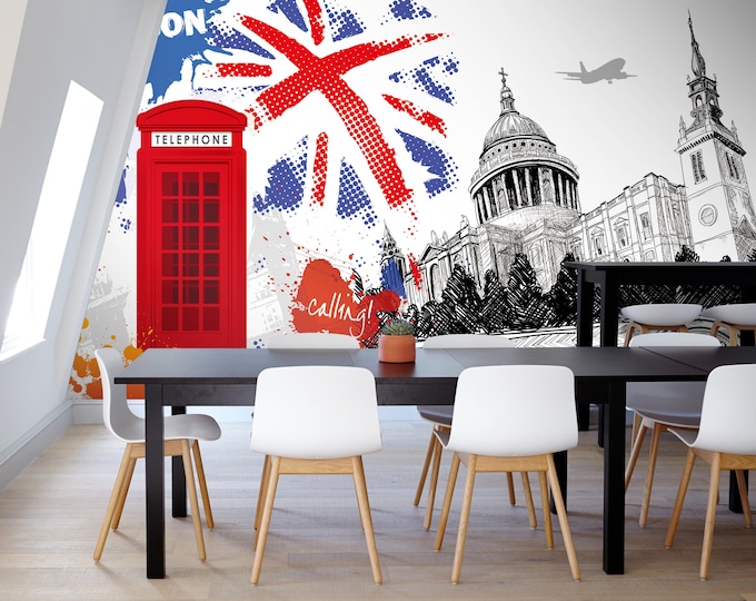 Custom Size London Pop Art Wall Mural, Union Jack Red Phone Booth Wallpaper Removable Peel and Stick Design for Modern Kids  Teen Room Décor