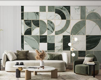 Geometric Marble Style  Wallpaper,  Peel and Stick Modern Beautiful Green Boho Wall Mural for Living Room Bedroom, Art Decor Wallpaper